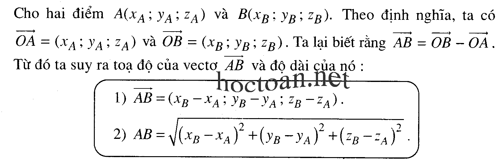 Liên hệ giữa tọa độ của vecto và tọa độ của 2 điểm mút