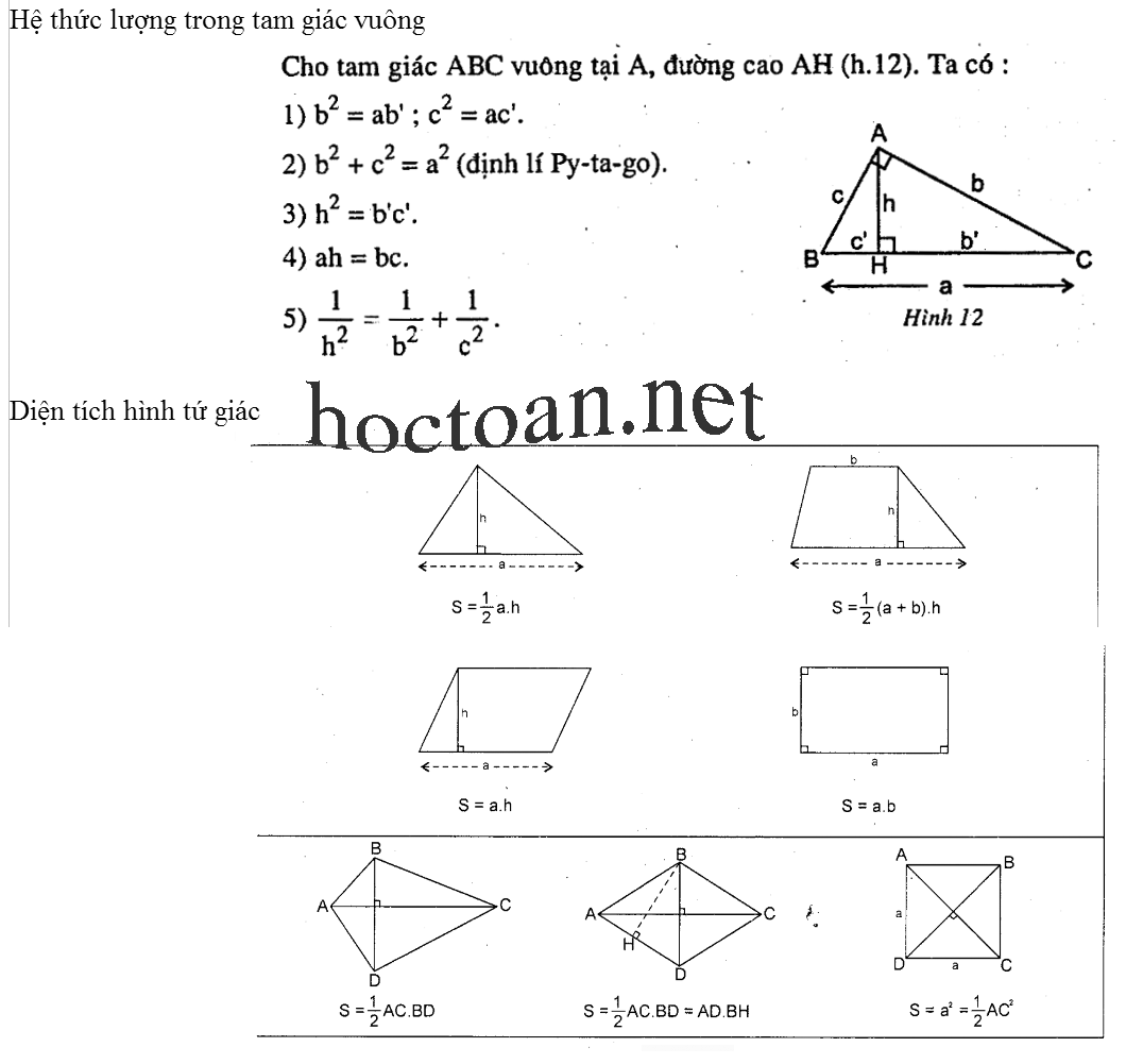 Hệ thức lượng trong tam giác vuông; Công thức tính diện tích các hình tứ giác