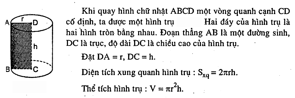 Công thức tính diện tích xung quanh và tính thể tích hình trụ